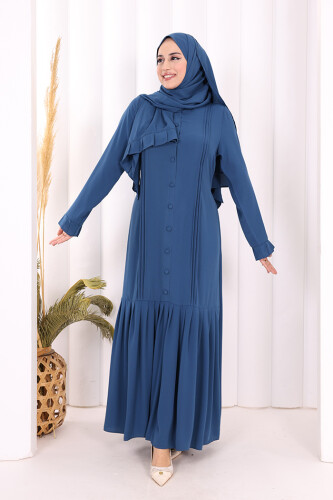 Pilise Detay Elbise ŞAL HEDİYE 6039 İndigo - 7