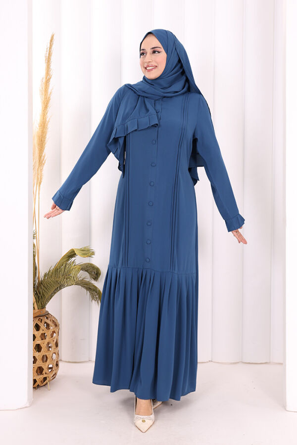 Pilise Detay Elbise ŞAL HEDİYE 6039 İndigo - 7