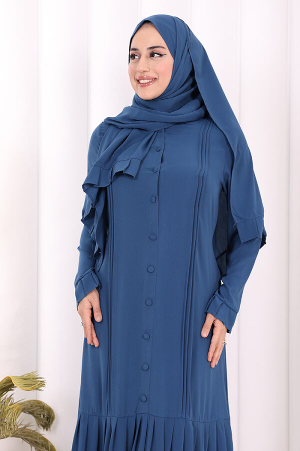Pilise Detay Elbise ŞAL HEDİYE 6039 İndigo - 9