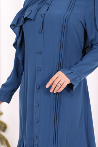 Pilise Detay Elbise ŞAL HEDİYE 6039 İndigo - 10