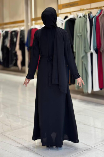 Pilise Detay Elbise Şal İkili Takım 6039 Siyah - Bym Fashion (1)