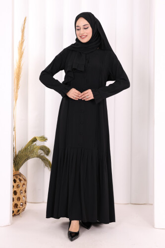 Pilise Detay Elbise ŞAL HEDİYE 6039 Siyah - 6