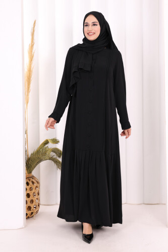 Pilise Detay Elbise ŞAL HEDİYE 6039 Siyah - 7