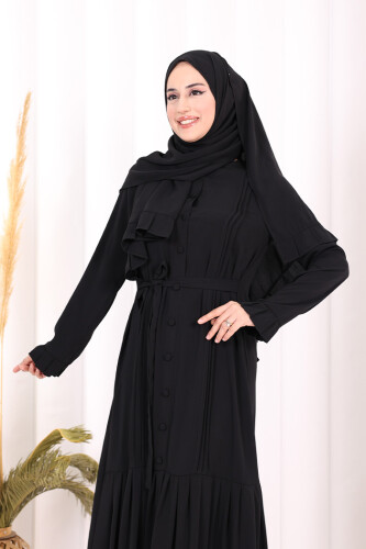 Pilise Detay Elbise ŞAL HEDİYE 6039 Siyah - 10
