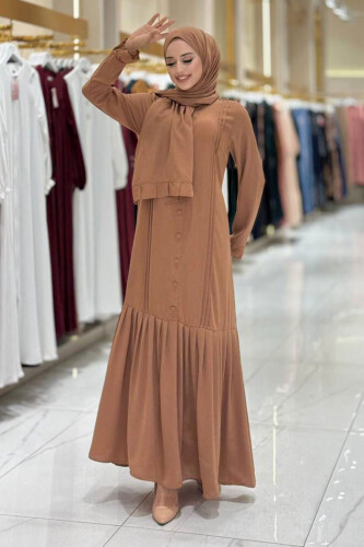 Pilise Detay Elbise Şal İkili Takım 6039 Taba - Bym Fashion
