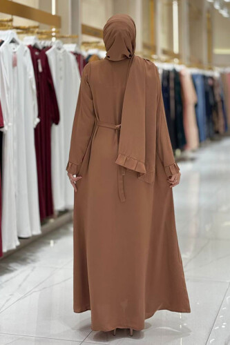 Pilise Detay Elbise Şal İkili Takım 6039 Taba - Bym Fashion (1)