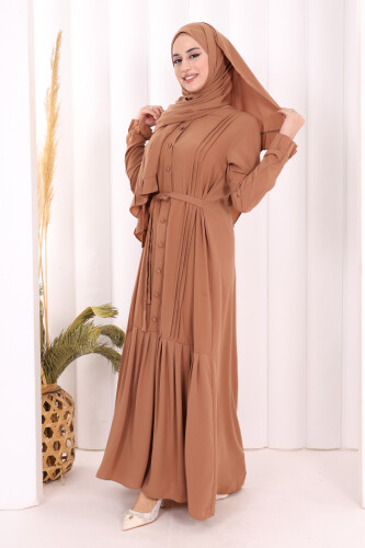 Pilise Detay Elbise ŞAL HEDİYE 6039 Taba - 6
