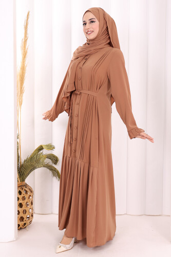 Pilise Detay Elbise ŞAL HEDİYE 6039 Taba - 7