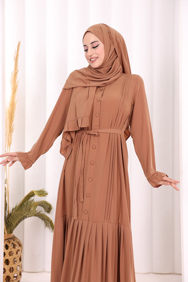 Pilise Detay Elbise ŞAL HEDİYE 6039 Taba - 8