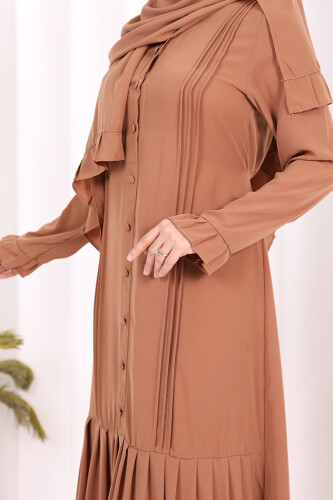 Pilise Detay Elbise ŞAL HEDİYE 6039 Taba - 11
