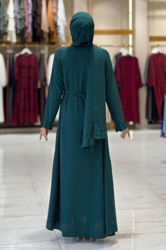Pilise Detay Elbise Şal İkili Takım 6039 Zümrüt - Bym Fashion (1)