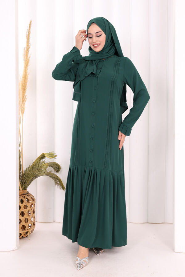 Pilise Detay Elbise ŞAL HEDİYE 6039 Zümrüt - 6