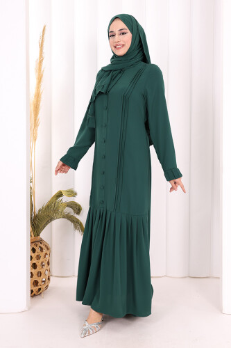 Pilise Detay Elbise ŞAL HEDİYE 6039 Zümrüt - 7