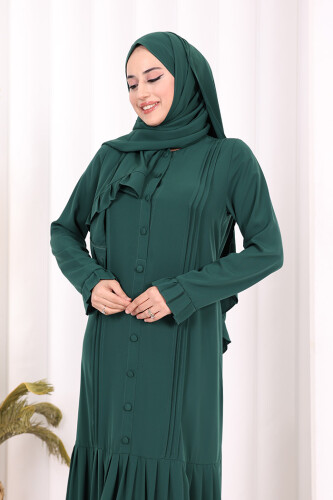 Pilise Detay Elbise ŞAL HEDİYE 6039 Zümrüt - 9