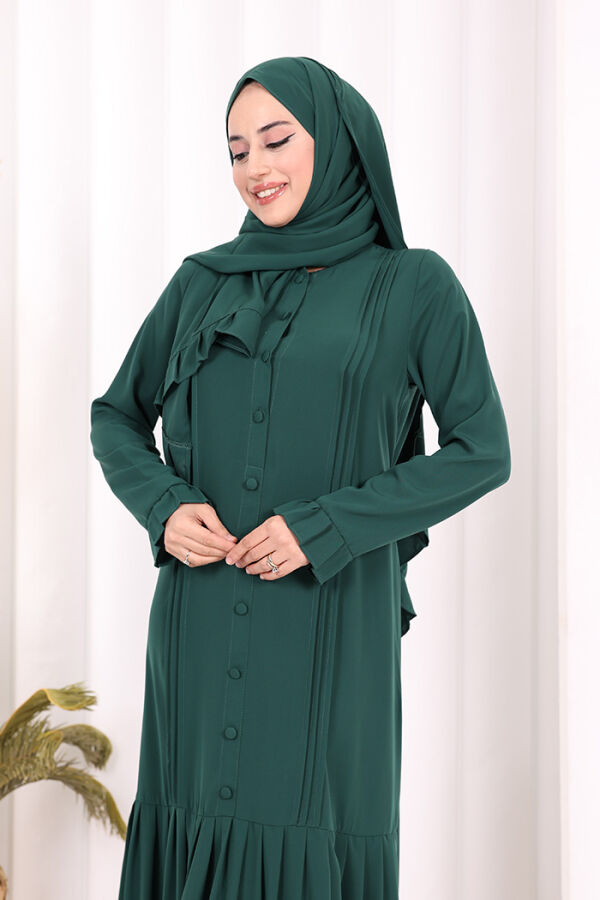 Pilise Detay Elbise ŞAL HEDİYE 6039 Zümrüt - 9