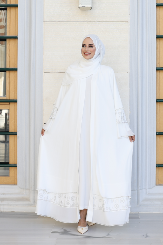 Taş Detaylı Şal ve Abaya İkili Takım 70001 Ekru - 5