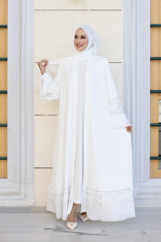 Taş Detaylı Şal ve Abaya İkili Takım 70001 Ekru - 6