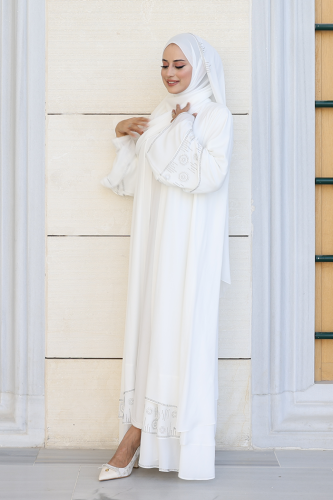 Taş Detaylı Şal ve Abaya İkili Takım 70001 Ekru - 7