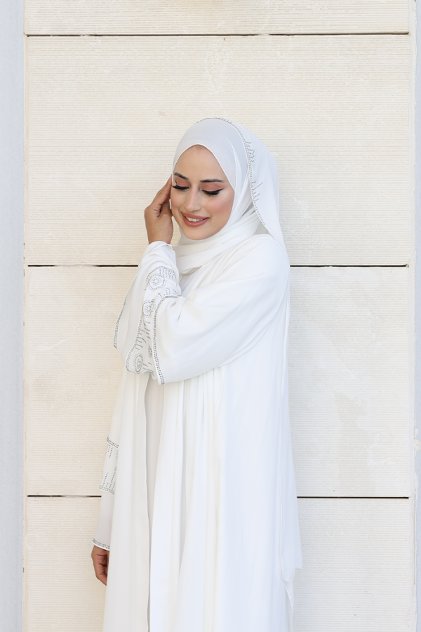Taş Detaylı Şal ve Abaya İkili Takım 70001 Ekru - 9