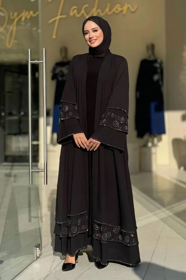 Taş Detaylı Şal ve Abaya İkili Takım 70001 Siyah - 1