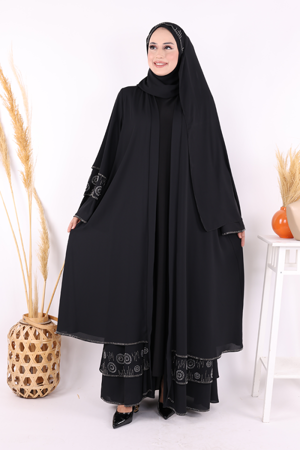Taş Detaylı Şal ve Abaya İkili Takım 70001 Siyah - 5