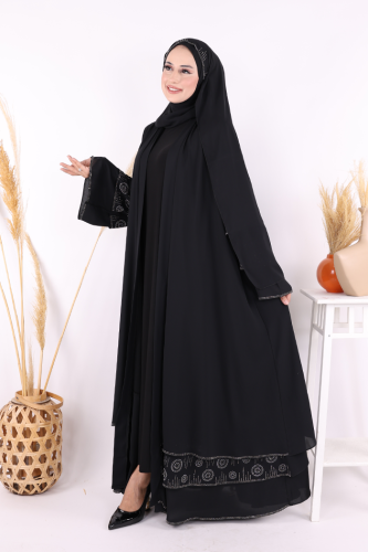 Taş Detaylı Şal ve Abaya İkili Takım 70001 Siyah - 6