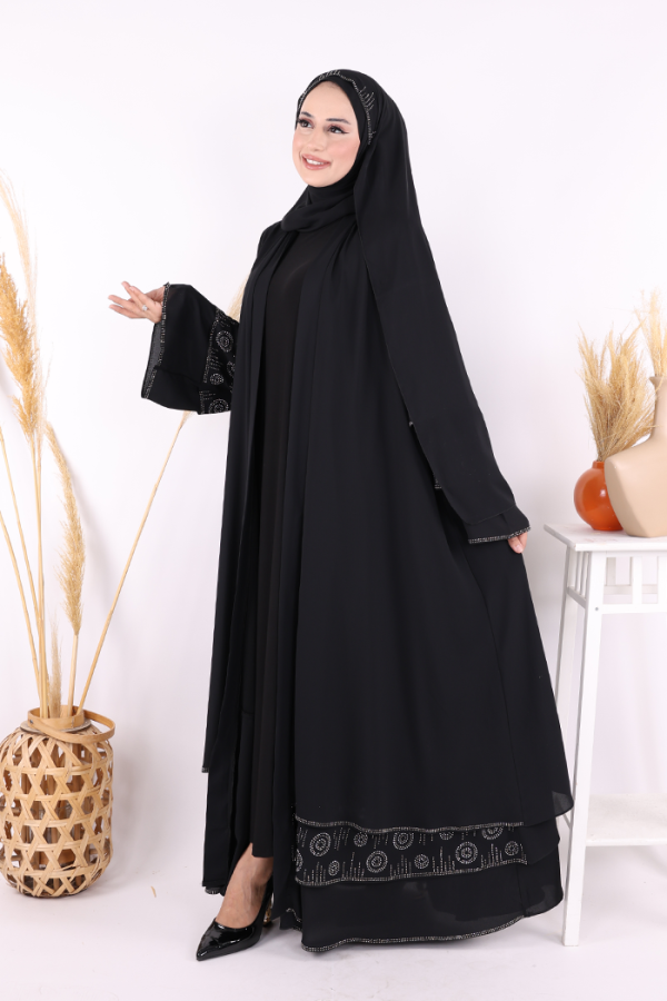Taş Detaylı Şal ve Abaya İkili Takım 70001 Siyah - 6