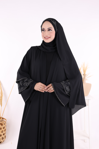 Taş Detaylı Şal ve Abaya İkili Takım 70001 Siyah - 8