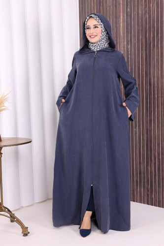 Fermuarlı Kapüşonlu Ferace 70016 Lacivert - 5
