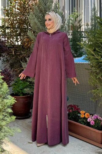 Fermuarlı Kapüşonlu Ferace 70016 Mürdüm - Bym Fashion