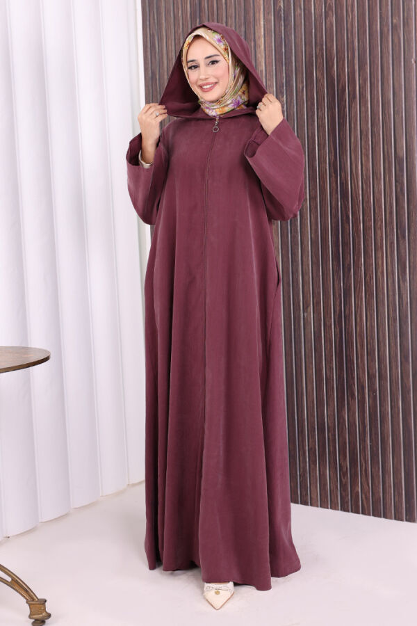 Fermuarlı Kapüşonlu Ferace 70016 Mürdüm - 5