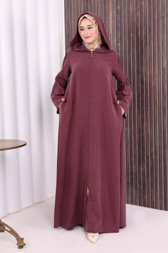 Fermuarlı Kapüşonlu Ferace 70016 Mürdüm - 6