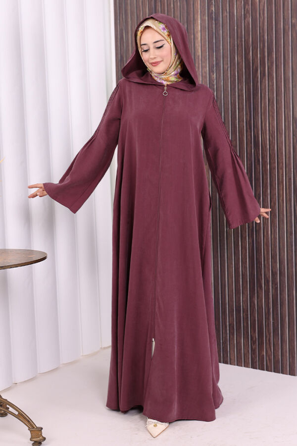 Fermuarlı Kapüşonlu Ferace 70016 Mürdüm - 7