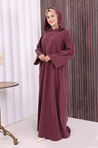 Fermuarlı Kapüşonlu Ferace 70016 Mürdüm - 8