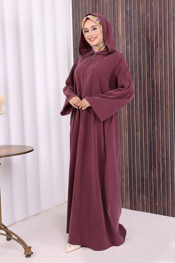 Fermuarlı Kapüşonlu Ferace 70016 Mürdüm - 8