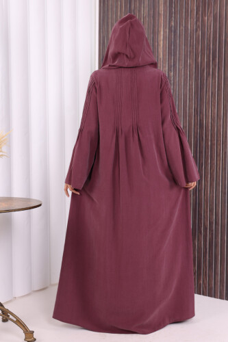 Fermuarlı Kapüşonlu Ferace 70016 Mürdüm - 9