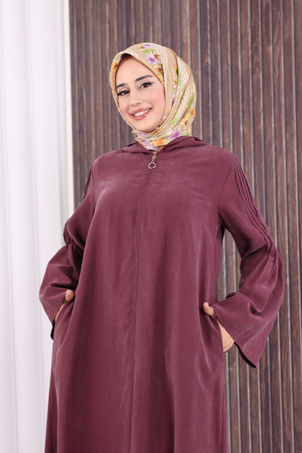 Fermuarlı Kapüşonlu Ferace 70016 Mürdüm - 10