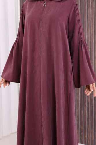 Fermuarlı Kapüşonlu Ferace 70016 Mürdüm - 11