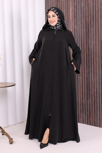 Fermuarlı Kapüşonlu Ferace 70016 Siyah - 5