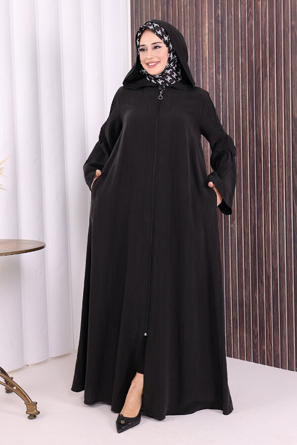 Fermuarlı Kapüşonlu Ferace 70016 Siyah - 5