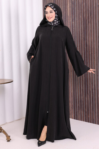 Fermuarlı Kapüşonlu Ferace 70016 Siyah - 6