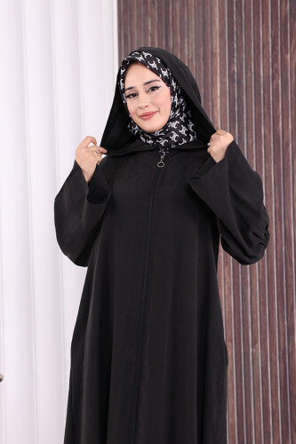 Fermuarlı Kapüşonlu Ferace 70016 Siyah - 7