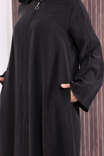 Fermuarlı Kapüşonlu Ferace 70016 Siyah - 8