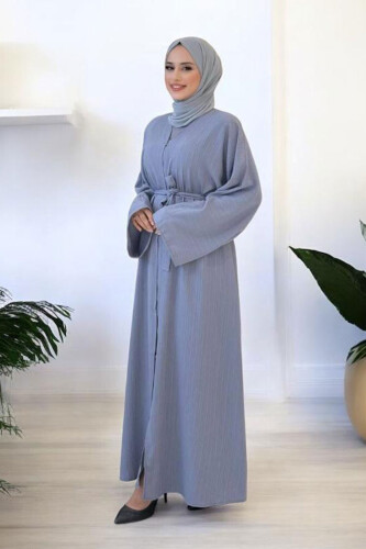 Çıt Çıt Düğmeli Bel Kuşaklı Abaya 70017 Gri - 7