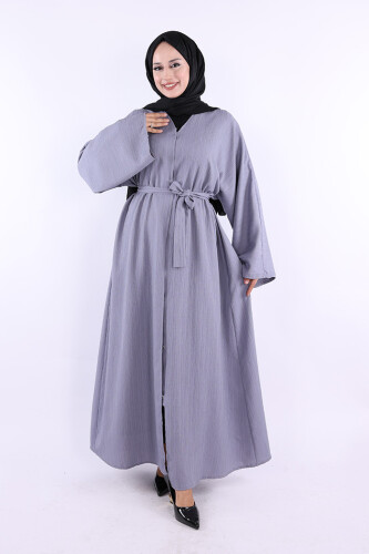Çıt Çıt Düğmeli Bel Kuşaklı Abaya 70017 Gri - Bym Fashion