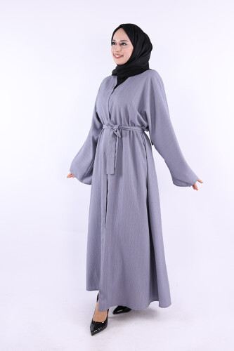 Çıt Çıt Düğmeli Bel Kuşaklı Abaya 70017 Gri - Bym Fashion (1)