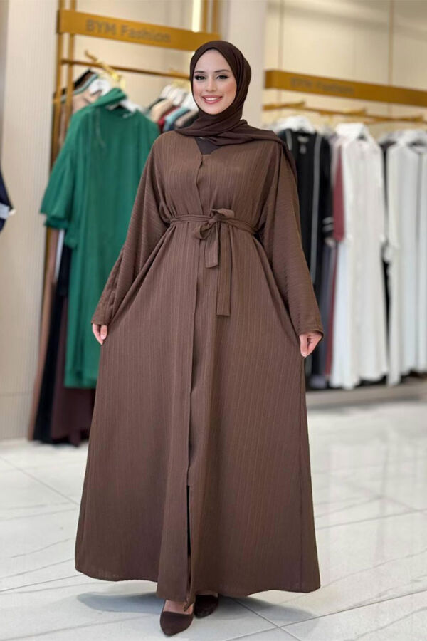 Çıt Çıt Düğmeli Bel Kuşaklı Abaya 70017 Kahverengi - 1