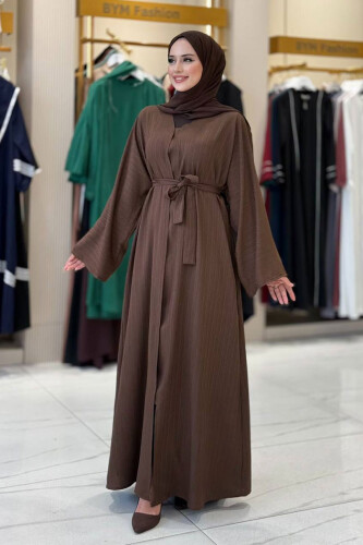 Çıt Çıt Düğmeli Bel Kuşaklı Abaya 70017 Kahverengi - 3