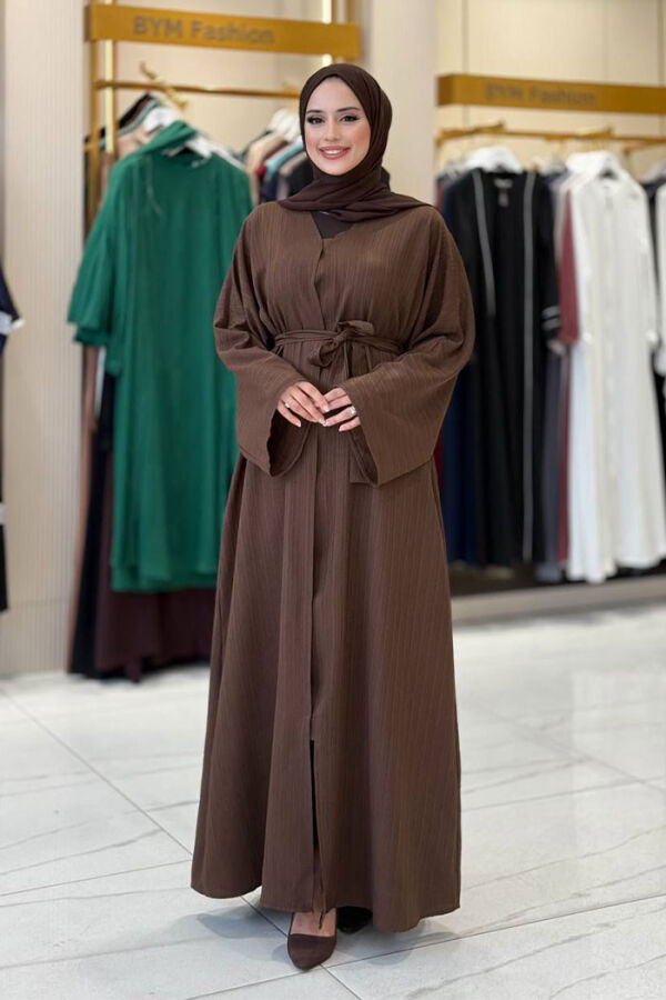 Çıt Çıt Düğmeli Bel Kuşaklı Abaya 70017 Kahverengi - 4