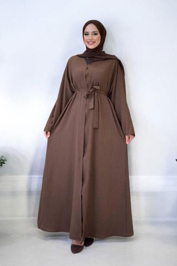 Çıt Çıt Düğmeli Bel Kuşaklı Abaya 70017 Kahverengi - 5